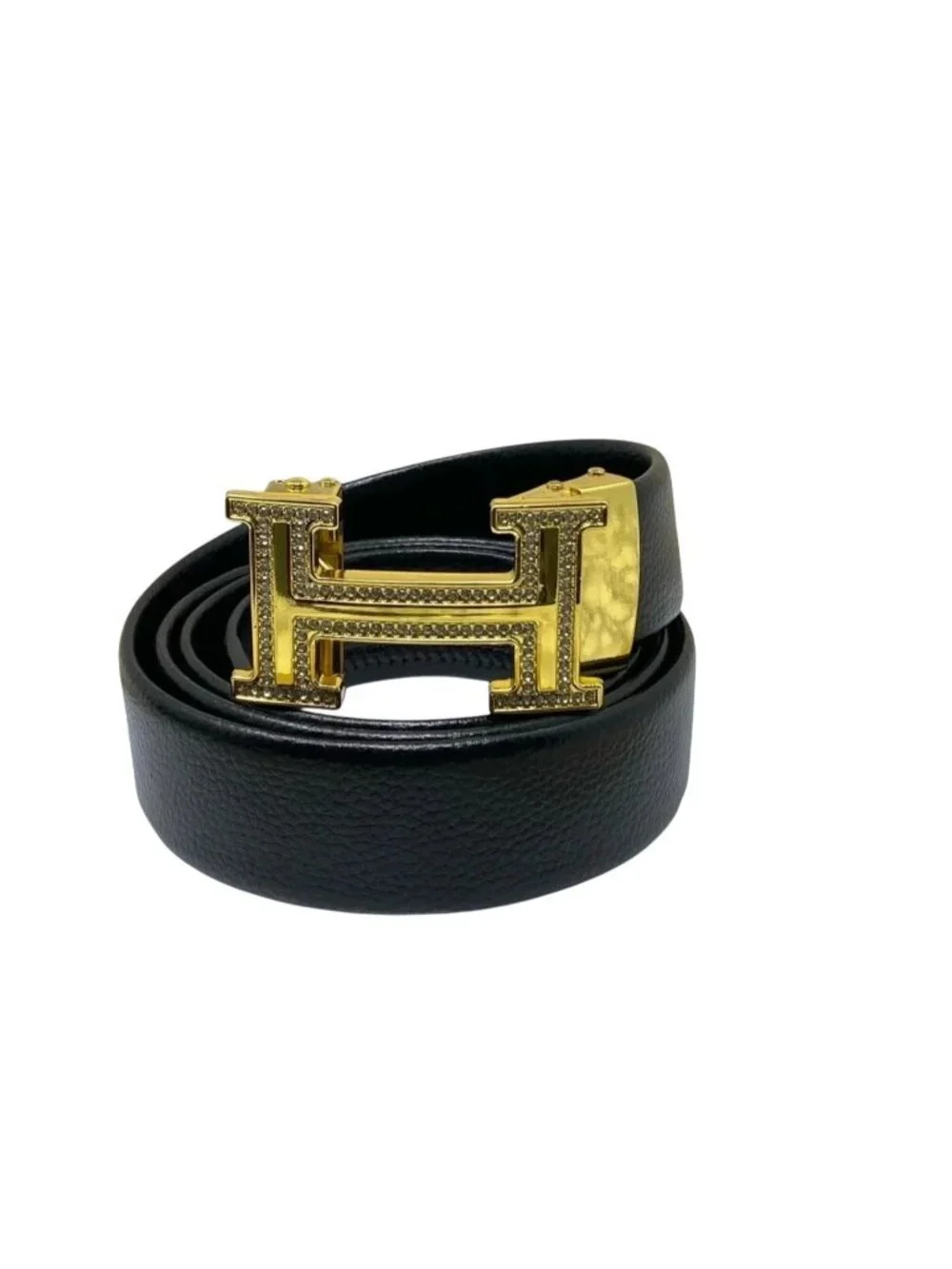 Elegant Fashion Belt Rhinestone Gold Buckle PU Leather Black Length 48.5 in